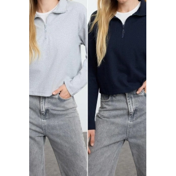 Fermuarlı Yaka Düşük Kol 2Li Paket Selanik Normal Kalıp Fermuarlı Yaka Örme Sweatshirt