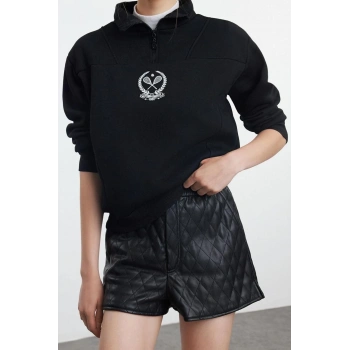 Fermuarlı Yaka Standart Nakışlı Normal Kalıp Kalın Polarlı Fermuarlı Yaka Örme Sweatshirt