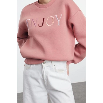 Regular Bisiklet Yaka Düşük Kol Standart Slogan Nakış Detaylı Normal Kalıp Örme Sweatshirt