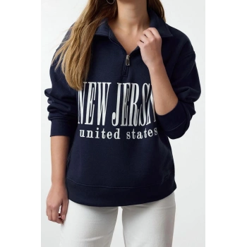 Oversize Fermuarlı Yaka Uzun Kalıp Kalın Polarlı Slogan Baskılı Fermuarlı Örme Sweatshirt