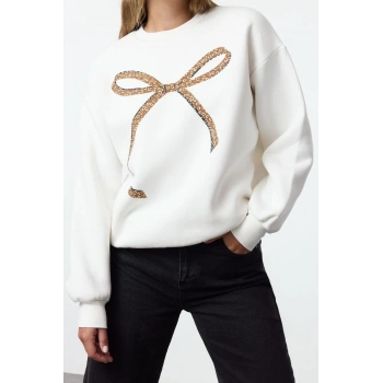 Tarz Bol Bisiklet Yaka Düşük Kol Uzun Baskılı Geniş Kalıp Kalın İçi Polarlı Örme Sweatshirt