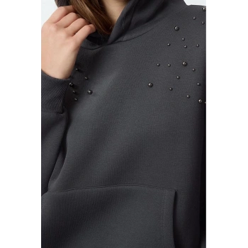 Tarz Relaxed Kapüşonlu Düşük Kol Uzun Taşlı Rahat Kalıp Kalın içi Polarlı Örme Sweatshirt