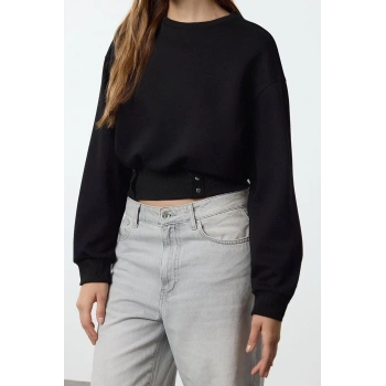 Tarz Bol Bisiklet Yaka Düşük Kol Uzun Çıtçıtlı Rahat Kalıp Crop Kalın Örme Sweatshirt