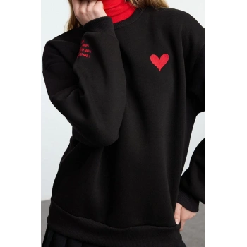 Regular Bisiklet Yaka Düşük Kol Regular Nakışlı Normal Kalıp Kalın İçi Polarlı Örme Sweatshirt