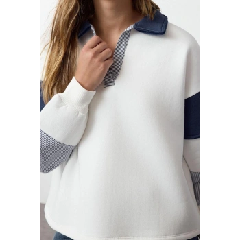 Tarz Bol Polo Yaka Düşük Kol Uzun Dokuma Garnili Geniş Kalıp Örme Sweatshirt