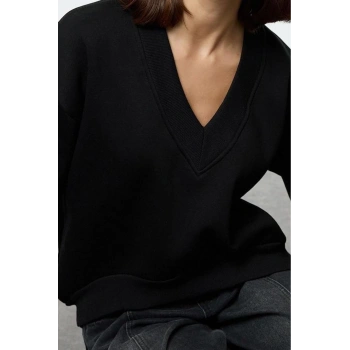 Regular V Yaka Düşük Kol Regular Basic Normal Kalıp V yaka Kalın İçi Polarlı Örme Sweatshirt