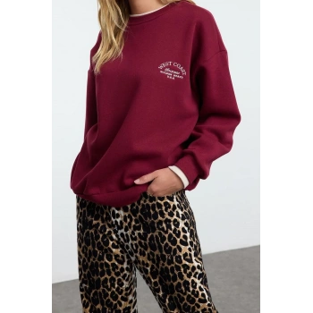 Tarz Bol Bisiklet Yaka Düşük Kol Uzun Slogan Nakışlı Kalıp Kalın İçi Polarlı Örme Sweatshirt