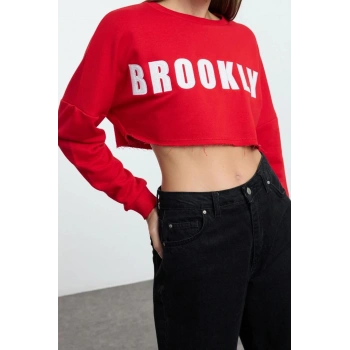 Bisiklet Yaka Düşük Kol Super Crop Aplike Nakışlı Super Crop Kalın Örme Sweatshirt