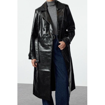 Tasarım Düz Astarlı Yaka Uzun Regular Ceket Kadın Regular Kemerli Trençkot