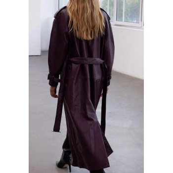 Tasarım Düz Astarlı Yaka Uzun Oversize Ceket Kadın Kemerli Oversize Suni Deri Trençkot