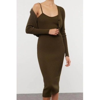 Moda Stil Slim V Yaka Midi Boy Vücuda Oturan Triko Hırka Elbise Takım