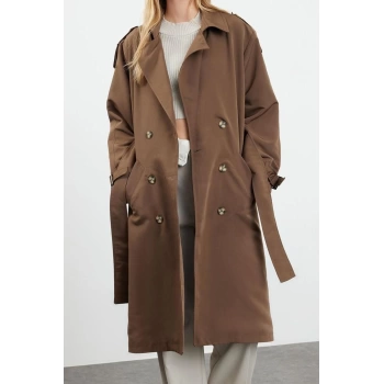 Tasarım Düz Astarlı Yaka Uzun Oversize Ceket Kadın Oversize Kuşaklı Trençkot