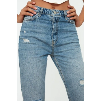 Stil Kadın Moda Denim Kot Pantolon Regular Boru Paça Mavi Yırtık Detaylı Yüksek Bel Jeans