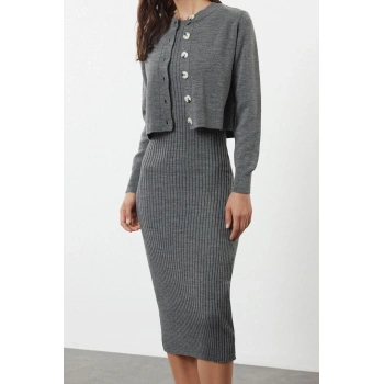 Moda Stil Regular Bisiklet Yaka Midi Boy Triko Basic Hırkalı Elbise