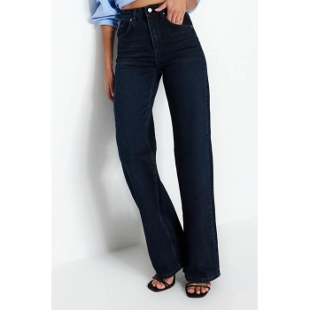 Stil Kadın Moda Denim Kot Pantolon Uzun Geniş Paça Gece Mavisi Yüksek Bel Jeans