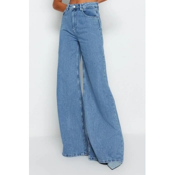 Stil Kadın Moda Denim Kot Pantolon Uzun Geniş Paça Mavi Yüksek Bel Ekstra Palazzo Jeans
