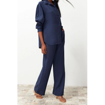 Tarz Kadın Modern Moda Normal Bel Boru Paça Gömlek Yaka Modal Karışımlı Dokuma Gömlek-Pantolon Takım