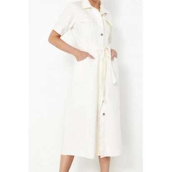 Moda Stil Denim Gömlek Yaka Maxi Boy Kemerli Elbise