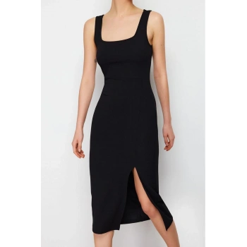 Moda Stil Slim Kare Yaka Midi Boy itted Vücuda Oturan Yırtmaçlı Esnek Örme Kalem Elbise