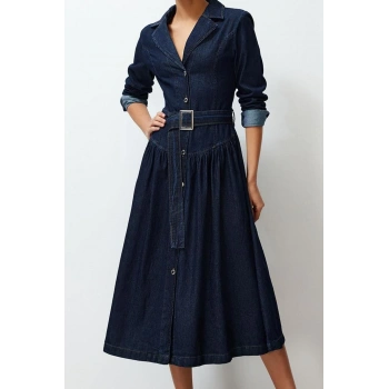 Moda Stil Oversize Gömlek Yaka Maxi Boy Kemerli Denim Elbise