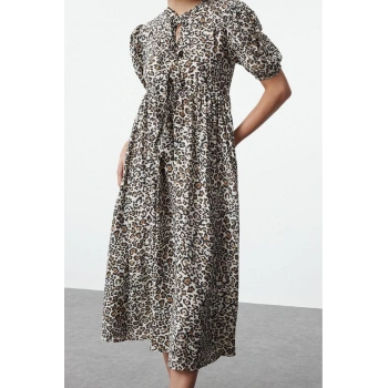 Moda Stil Relaxed Bisiklet Yaka Maxi Boy A-line Dokuma Elbise