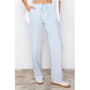 Stil Kadın Moda Denim Kot Pantolon Regular Geniş Paça Beli Lastikli Chambre Yüksek Bel Jeans