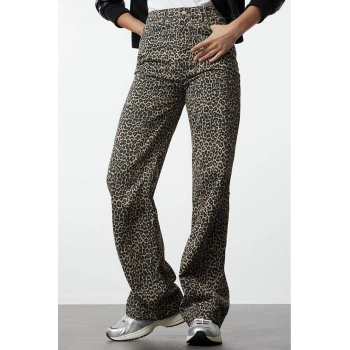 Stil Kadın Moda Denim Kot Pantolon Regular Geniş Paça Leopar Baskılı Kahverengi Yüksek Bel Jeans