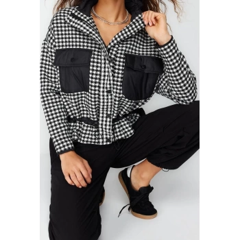 Design Houndstooth Lined Collar Standard Loose Straight Womens Oversize Houndstooth Tweed Thin Coat