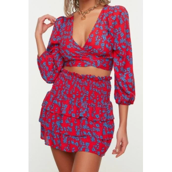 Moda Dokuma Baskılı Bisiklet Yaka Günlük Ev Dokuma Fırfırlı Bluz Etek Takım