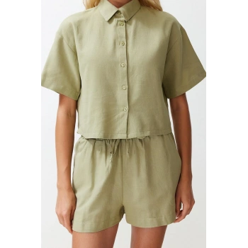 Moda Dokuma Düz Gömlek Yaka Plaj Yeşil Dokuma Keten Görünümlü Gömlek Şort Takım