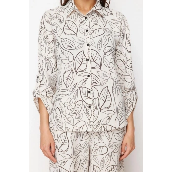 Moda Dokuma Baskılı Gömlek Yaka Plaj Dokuma Keten Görünümlü Gömlek Pantolon Takım