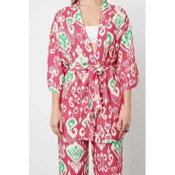 Moda Dokuma Düz Gömlek Yaka Plaj Etnik Desenli Kuşaklı Dokuma Kimono Pantolon Takım