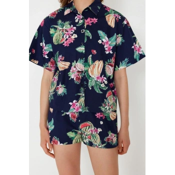 Moda Dokuma Düz Gömlek Yaka Plaj Tropikal Desenli Dokuma Gömlek Şort Takım