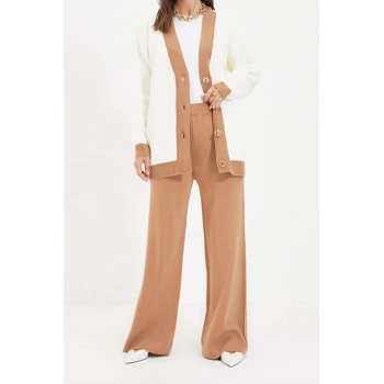 Moda Yüksek Bel Renk Bloklu V Yaka Düşük Kol Casual Günlük Şerit Detaylı Hırka-Pantolon Triko Takım