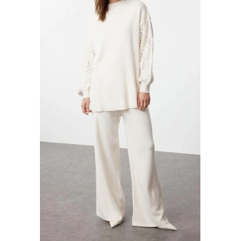 Moda Yüksek Bel Ajurlu Bisiklet Yaka Balon Kol Taş Kolları Ajur Örgülü Kazak-Pantolon Triko Takım