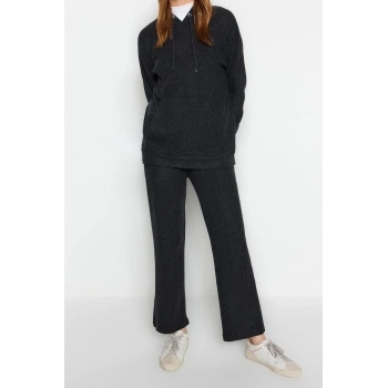 Moda Yüksek Bel Bisiklet Yaka Sportswear Kapüşonlu Kaşkorse Sweatshirt-Pantolon Örme Alt-Üst Takım