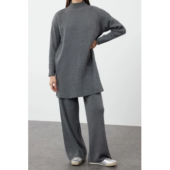 Moda Düz Balıkçı Yaka Düşük Kol Casual Günlük Yırtmaçlı Geniş Paça Triko Alt-Üst Takım