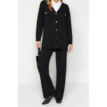 Moda Düz V Yaka Düşük Kol Casual Günlük Siyah Düğmeli Hırka-Pantolon Triko Alt-Üst Takım