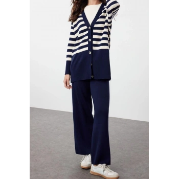 Moda Triko Çizgili V Yaka Düşük Kol Casual Günlük Hırka Pantolon Triko Alt-Üst Takım