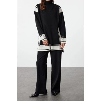 Moda Triko Dik Yaka Düşük Kol Casual Günlük Siyah Rahat Kesim Triko Tunik-Pantolon Alt-Üst Takım