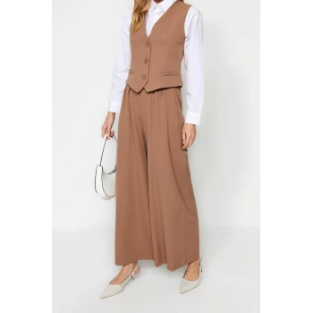 Moda Dokuma Düz V Yaka Casual Günlük Yelek-Pantolon Dokuma Alt-Üst Takım