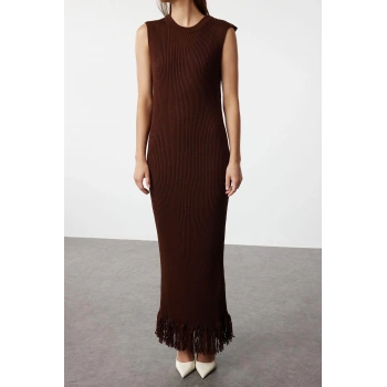 Moda Düz Düşük Kol Casual Günlük Koyu Püskül Detaylı Triko Hırka Elbise Alt-Üst Takım