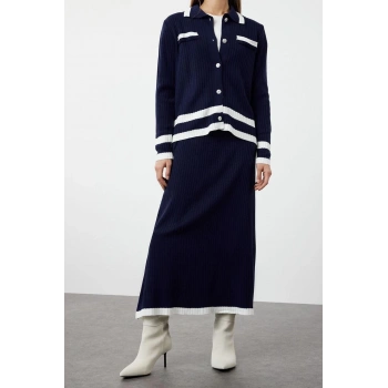 Moda Renk Bloklu Polo Yaka Casual Günlük Renk Bloklu Triko Hırka Etek Alt-Üst Takım