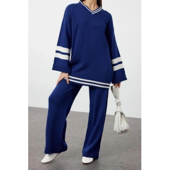 Moda Renk Bloklu Düşük Kol Casual Günlük Indigo Renk Bloklu Çizgili Triko Alt-Üst Takım