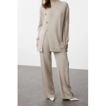 Moda Renk Bloklu Dik Yaka Düşük Kol Günlük Taş Düğme Detaylı Triko Kazak Pantolon Alt-Üst Takım
