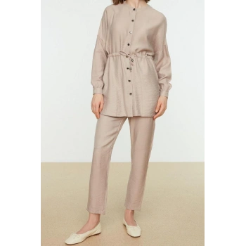 Moda Yüksek Bel Bisiklet Yaka Düşük Kol Casual Günlük Beli Bağlamalı Gömlek-Pantolon Dokuma Takım