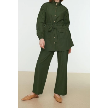 Moda Dokuma Yüksek Bel Düz Dik Yaka Casual Günlük Dik Yaka Kuşaklı Gömlek-Pantolon Dokuma Takım