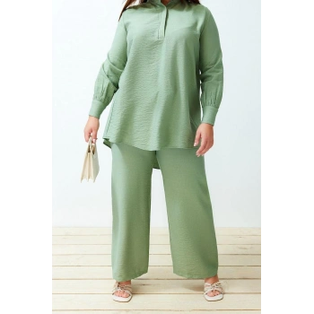 Moda Yüksek Bel Gömlek Yaka Günlük Yarım Gizli Patlı Omuz Detaylı Tunik-Pantolon Dokuma Takım