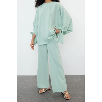 Moda Bisiklet Yaka Yarasa Kol Casual Günlük Mint Yarasa Kollu Dokuma Aerobin Tunik-Pantolon Takım