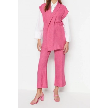 Moda Yüksek Bel Ceket Yaka Düşük Kol İçten Bağlamalı Keten Görünümlü Kimono-Pantolon Dokuma Takım